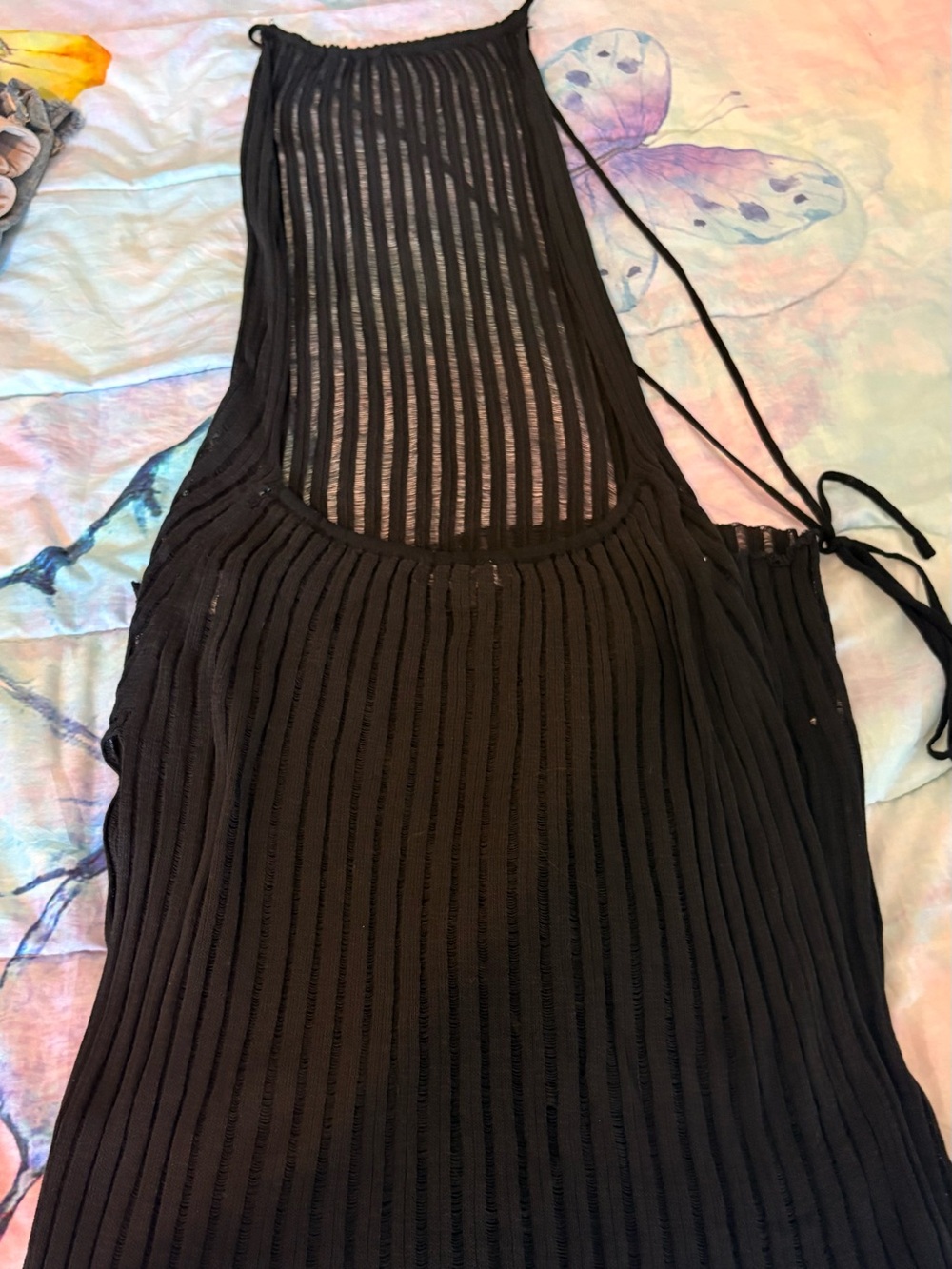 Black Ribbed Halter long beach cover- Women's Black Knit Beach Cover